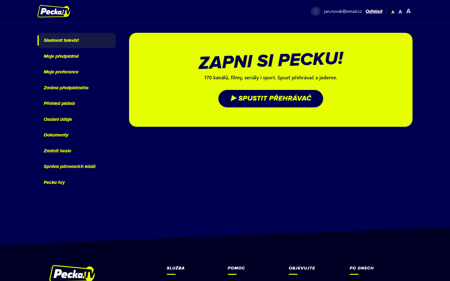 Sledovat televizi v Pecka účtu s tlačítkem Spustit přehrávač