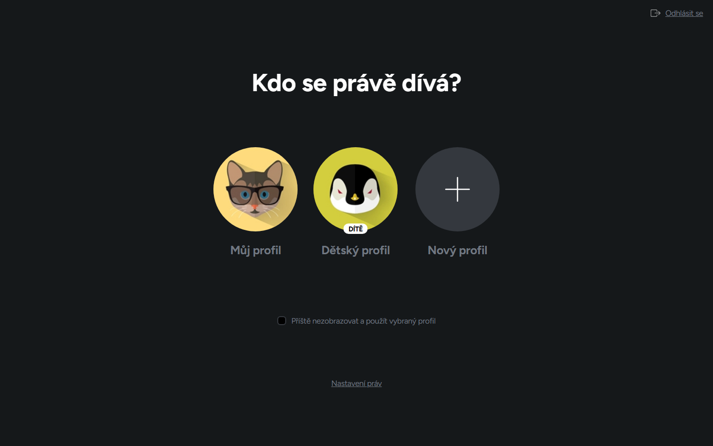 Výběr profilu ve webové aplikaci Pecka.TV: Kdo se právě dívá?