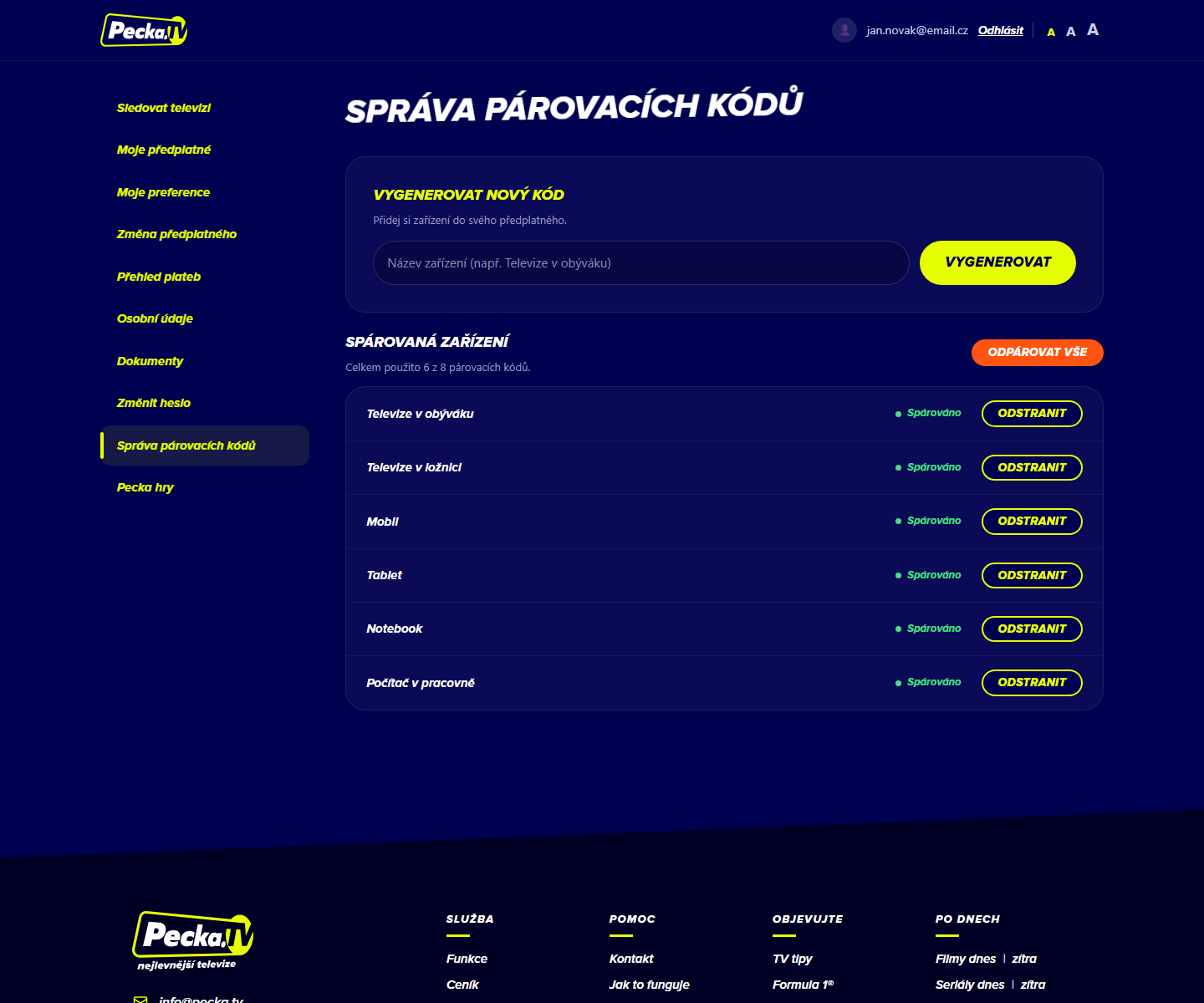 Správa párovacích kódů v Pecka účtu