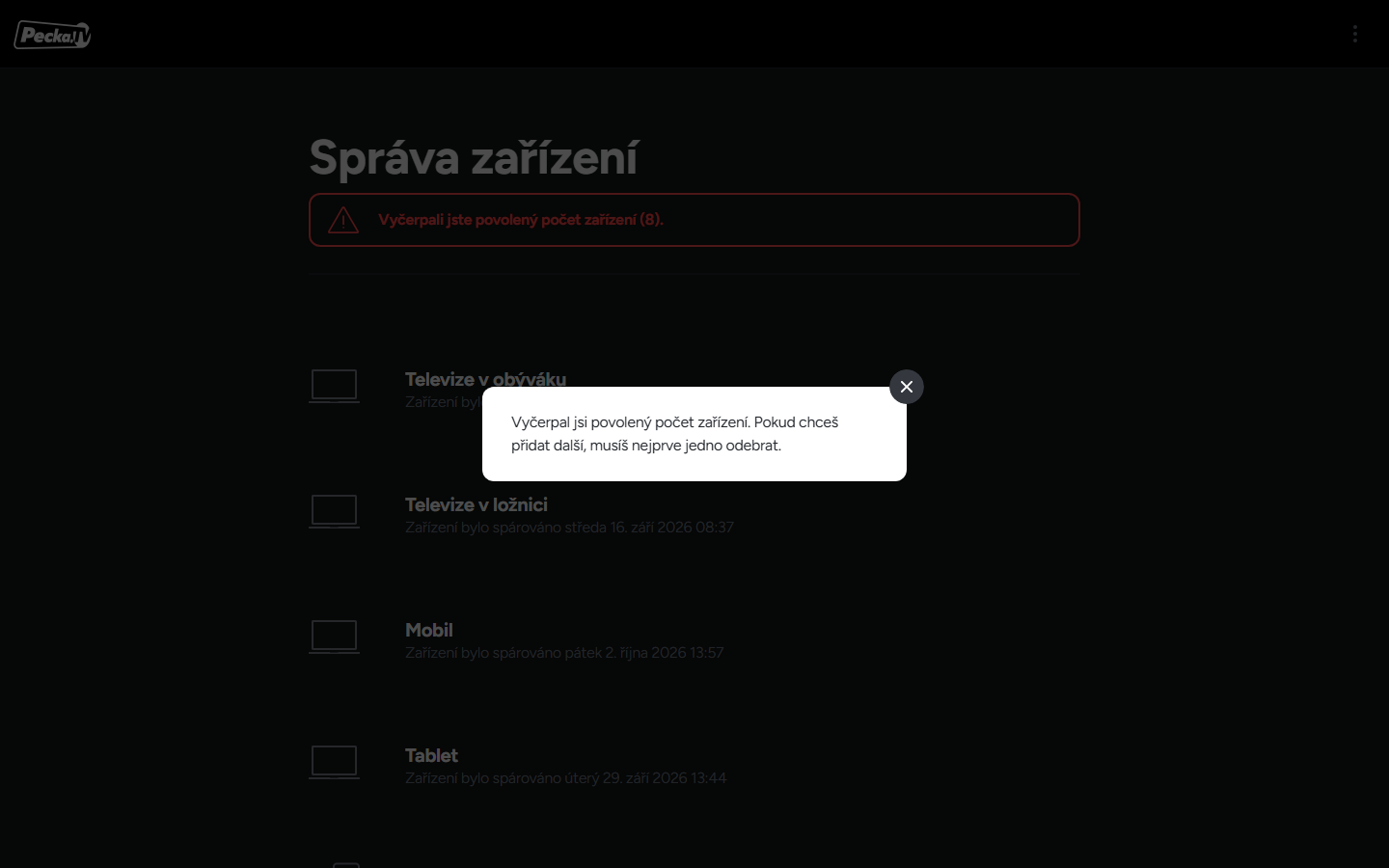 Webová aplikace Pecka.TV hlásí vyčerpaný počet zařízení