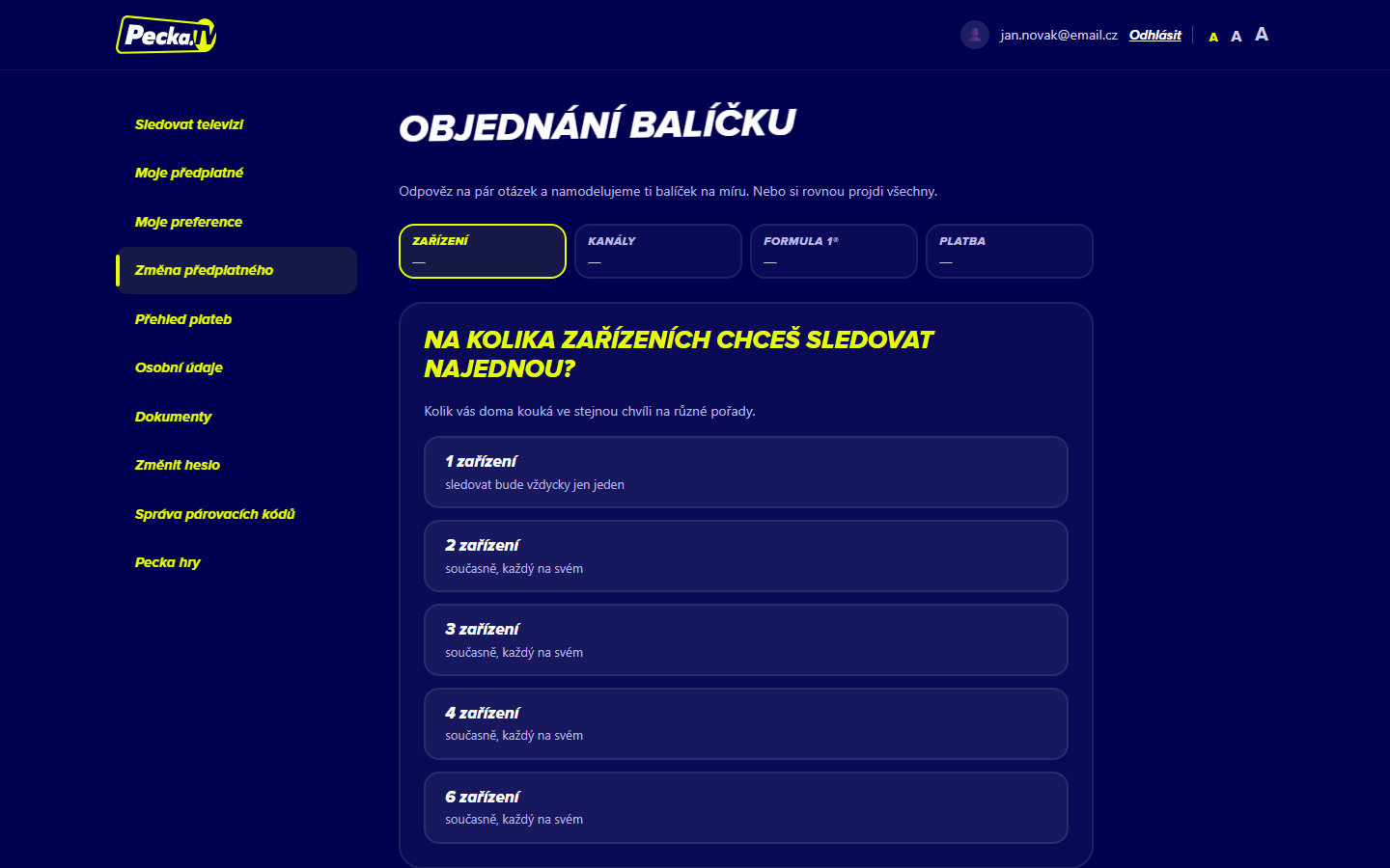 Výběr balíčku s dotazníkem v Pecka účtu
